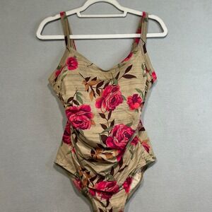 Baltex One Piece Swimsuit Womens 14 Tan Pink Roses Floral Ruched